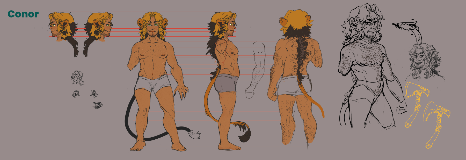 Character sheet : à gauche, deux profils de visage. Au centre : face, profil et 3/4 dos d'un homme blond/brun au bras gauche manquant, des oreilles et une queue de lion. À droite : des croquis du même personnage.
