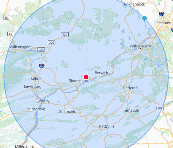 A service map of tree removal showing service in a 40 mi radius from Bloomsburg PA in Columbia County, PA.
