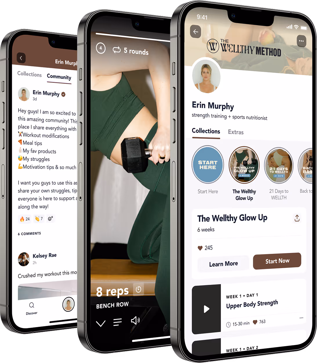 Three phone screens showing a fitness app with community posts, workout video, and training plan by Erin Murphy.