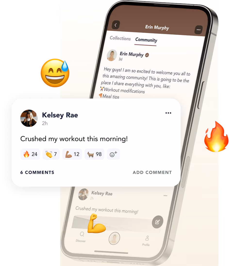Smartphone screen showing community workout posts with emojis like fire, clapping, and flexed bicep.