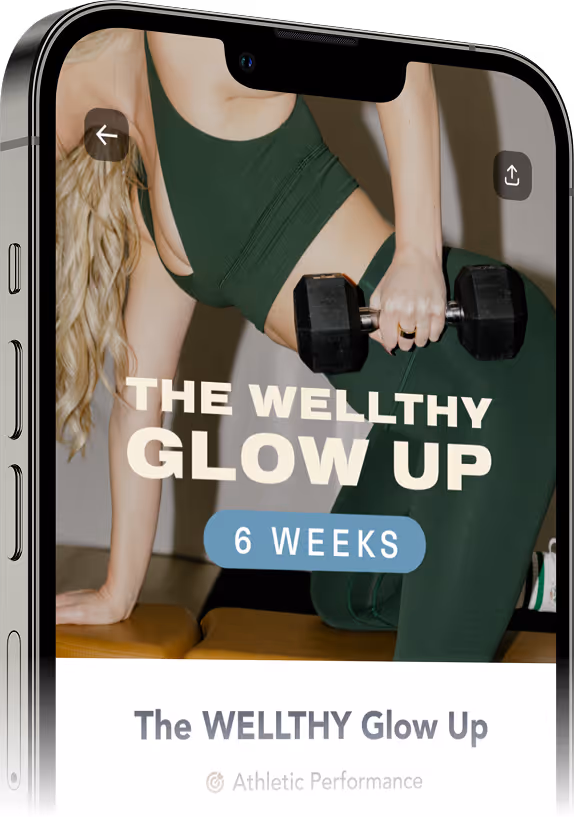 Person in green workout clothes holding a dumbbell, text reads The Wellthy Glow Up 6 Weeks.