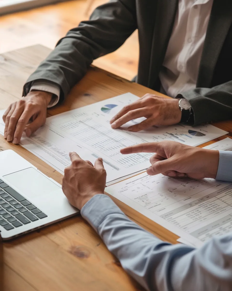 Two people in business attire reviewing documents with charts next to a laptop on a wooden table.