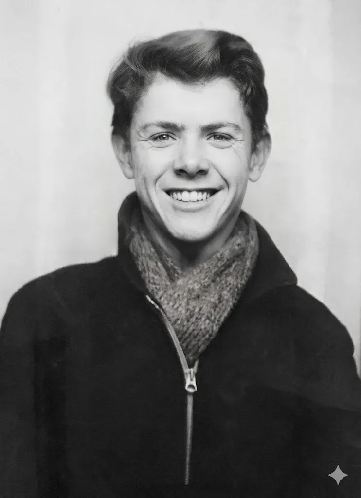 Black and white portrait of a smiling young man wearing a zipped jacket and a knitted scarf.