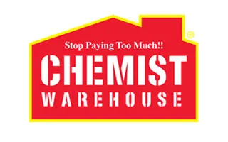 Chemist Warehouse logo with text: Stop Paying Too Much!!