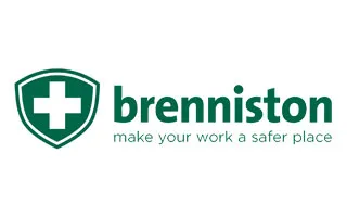 Brenniston logo with a green shield and white cross, tagline: make your work a safer place.