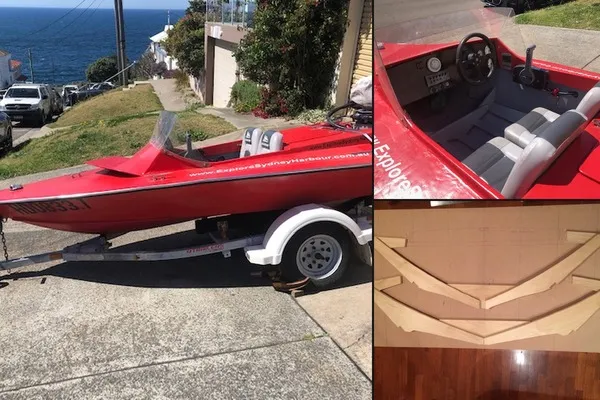 Finished red speedboat — ready for Sydney Harbour