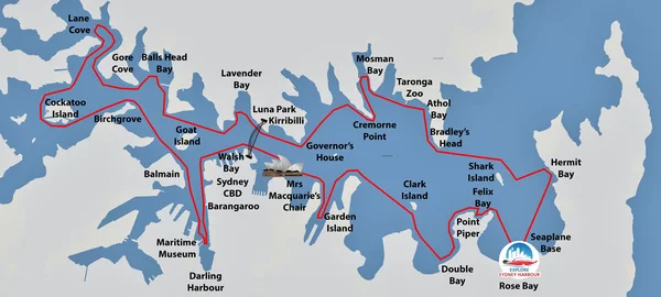 Explore Sydney Harbour Grand Tour route map — 30 stops around Sydney Harbour
