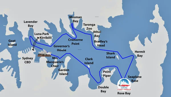 Explore Sydney Harbour Grand Tour route map — 30 stops around Sydney Harbour