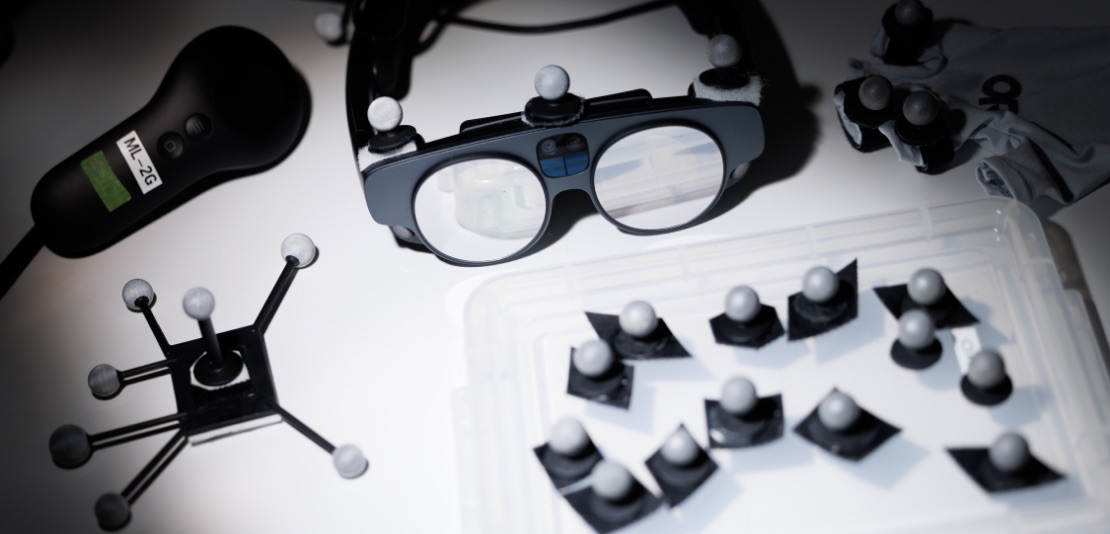 VR lab equipment including motion capture cameras and sensors