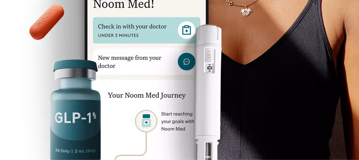 Bottle of GLP-1 medication, injection pen, pill, and phone screen showing Noom Med app for doctor check-in.