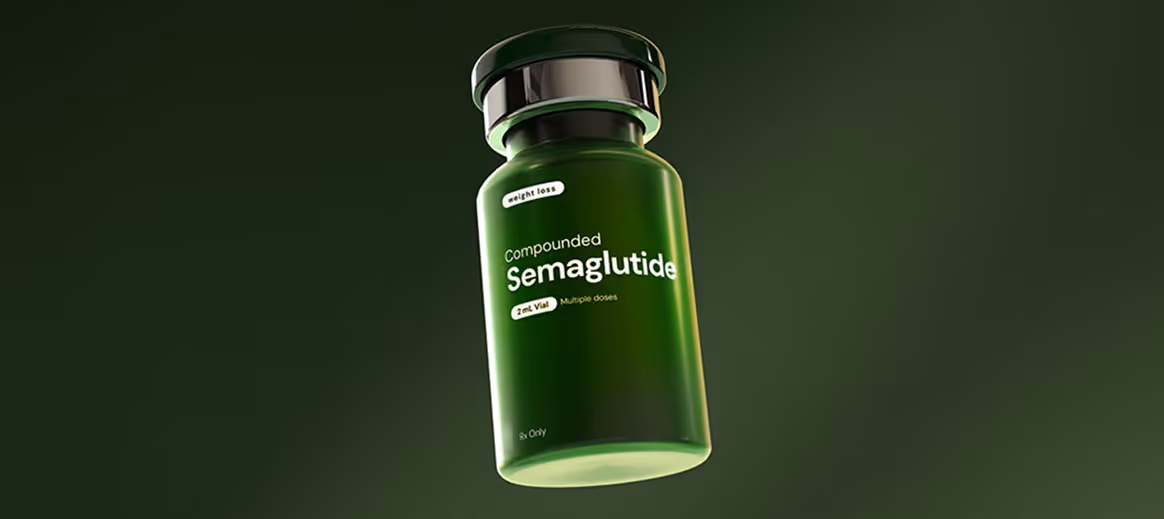 Green vial labeled Compounded Semaglutide for weight loss, 2mL multiple doses, Rx only on dark background.