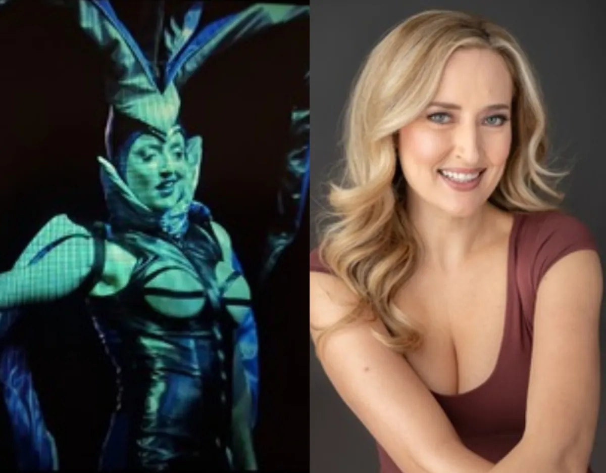 Portrait of Alexandra Zevalking, Folies Bergere Alum and Troupe Manager. Left, a person in futuristic blue costume with headpiece; right, a smiling blonde woman in brown top