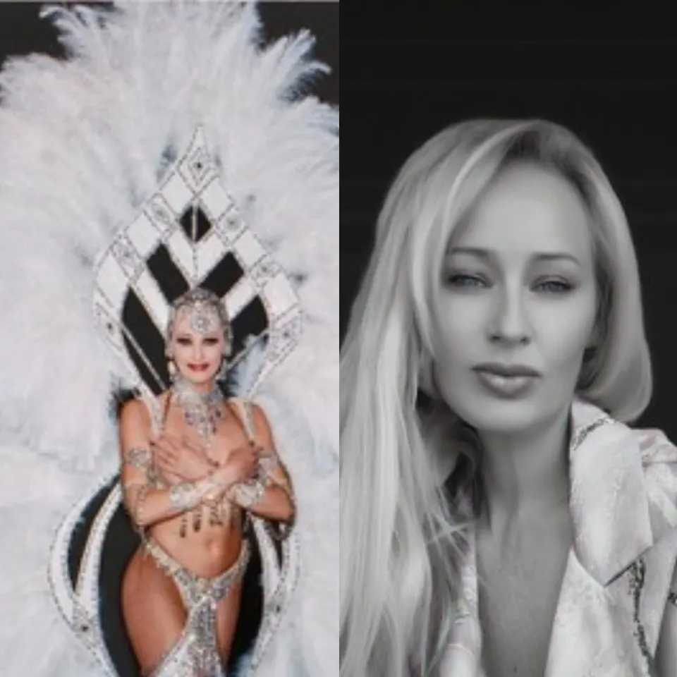 Portrait of Sue White, Vegas Dancer and Celebrity Stylist in elaborate feathered costume and woman in black and white portrait with long hair.