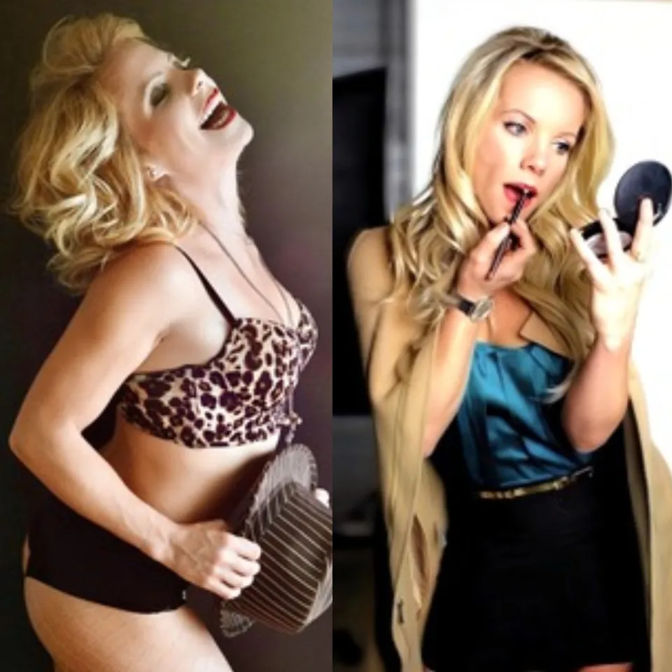 Teal Swain Photos - one laughing in leopard bra and black bottoms, another applying lipstick with a compact mirror.