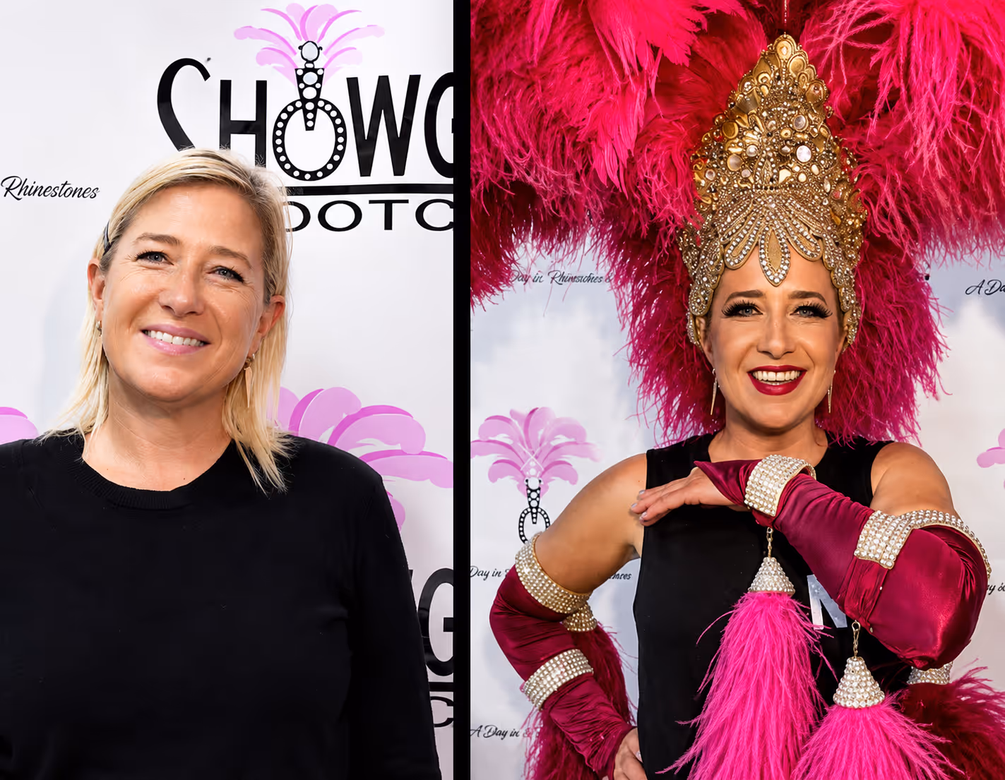 Before and after photos of a woman smiling, plain black shirt on left, ornate pink feather costume on right.