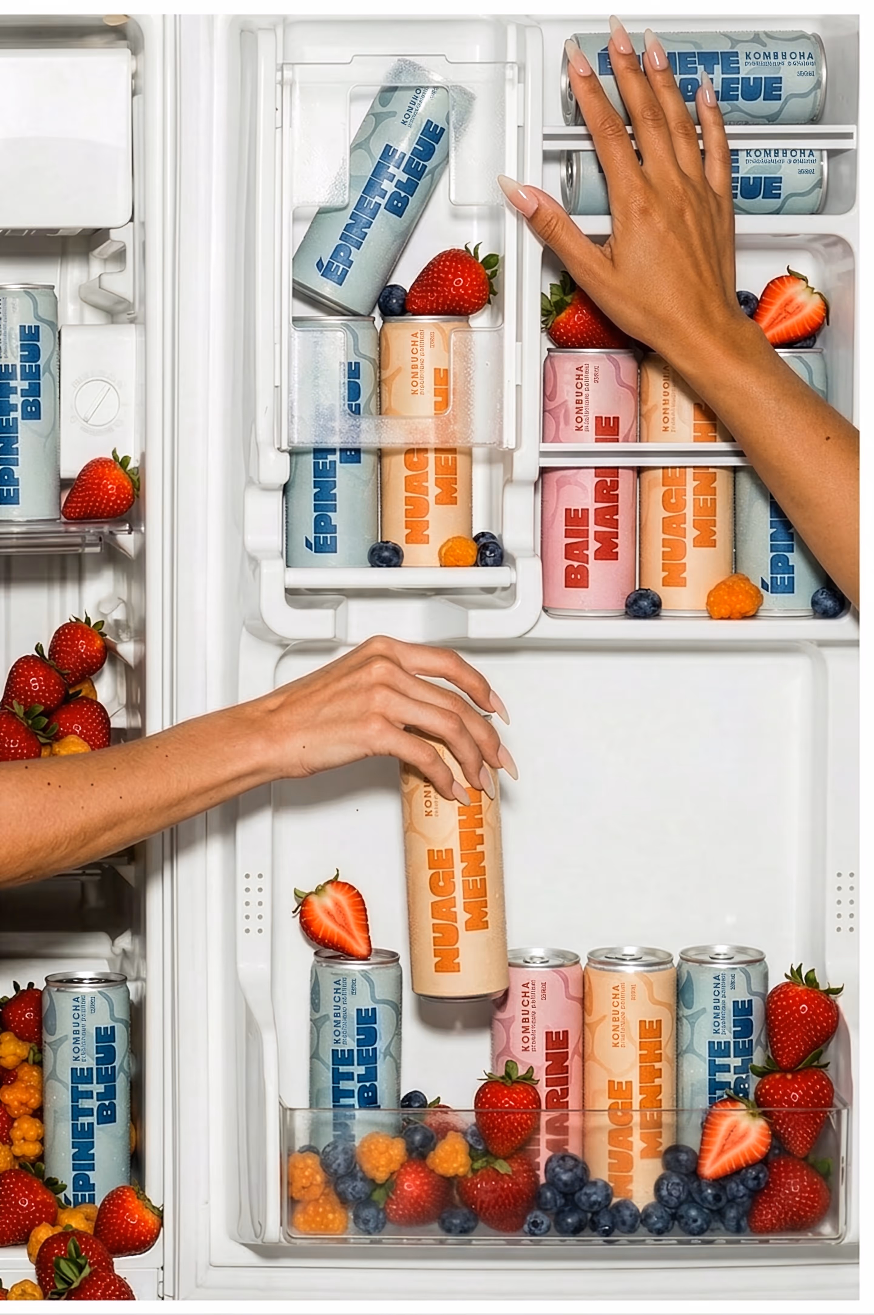 image generated by Adobe fire fly  - Hands reaching for kombucha cans labeled Nuage Menthe, Baie Marine, and Épinette Bleue surrounded by berries.