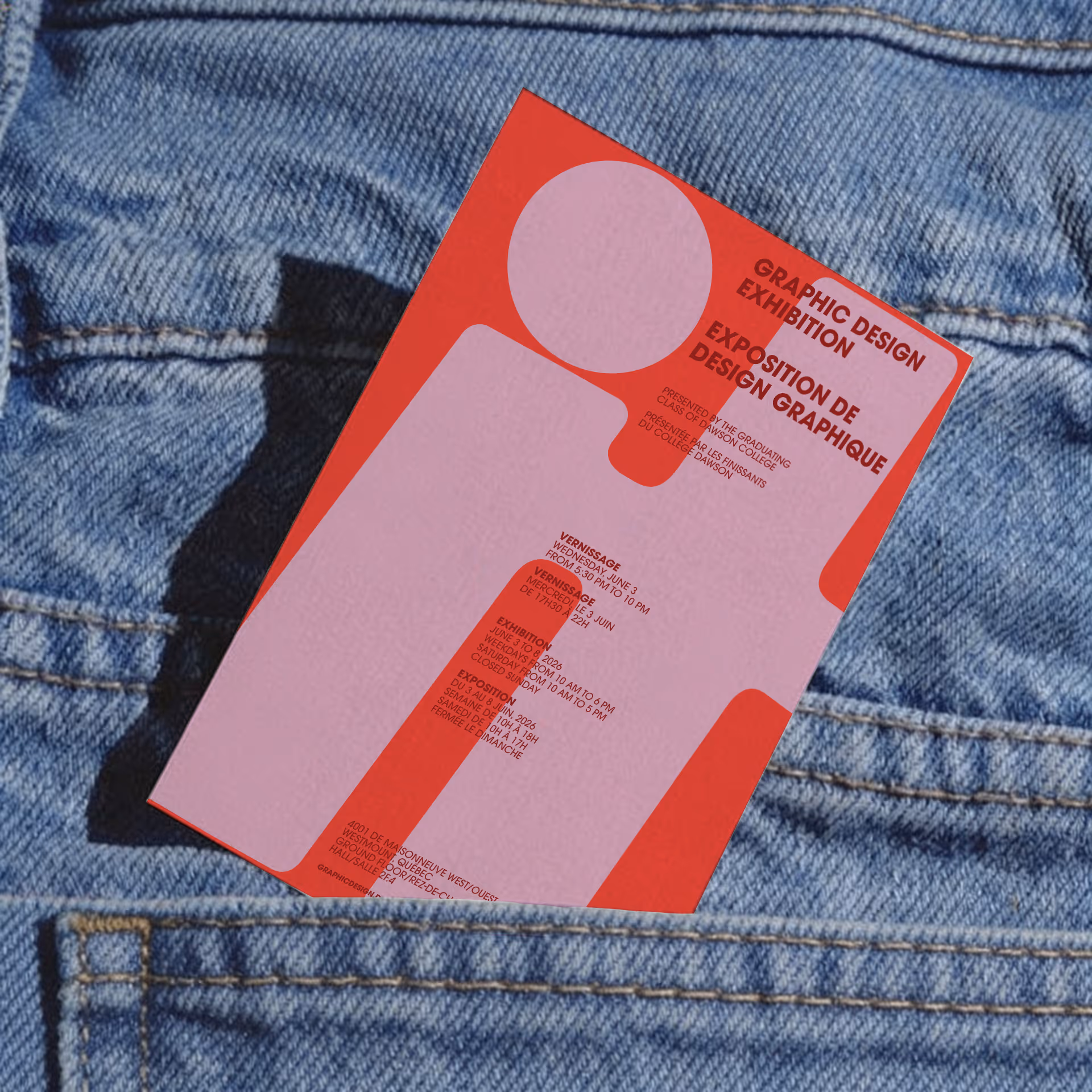image generated by magnific AI  - Red and pink graphic design exhibition flyer in a blue denim pocket with text about event details.
