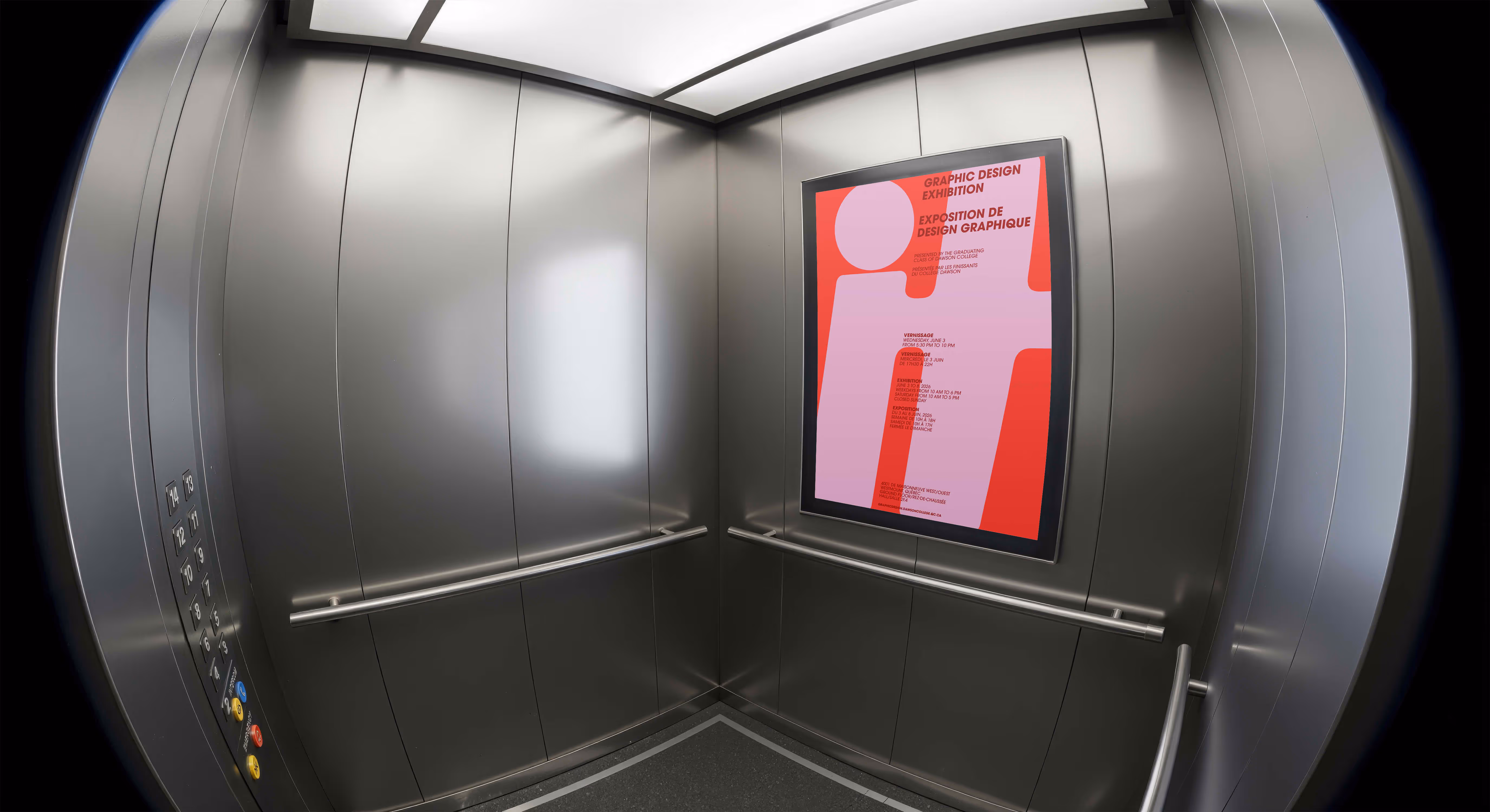 mockup found on magnific -Fisheye view inside an elevator with metal walls, handrails, and a red graphic design exhibition poster.
