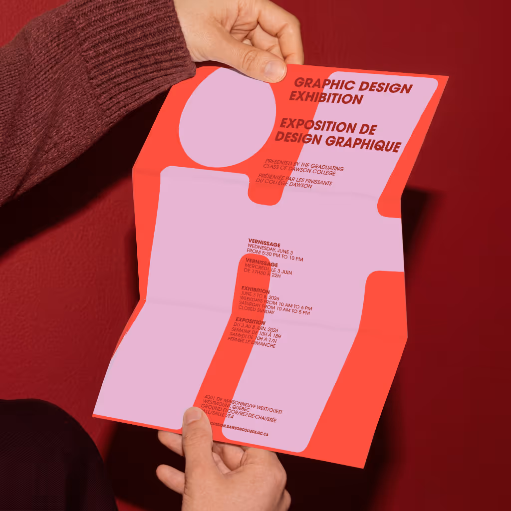 image generated by magnific AI  - Hands holding an open red and pink graphic design exhibition flyer with event details.
