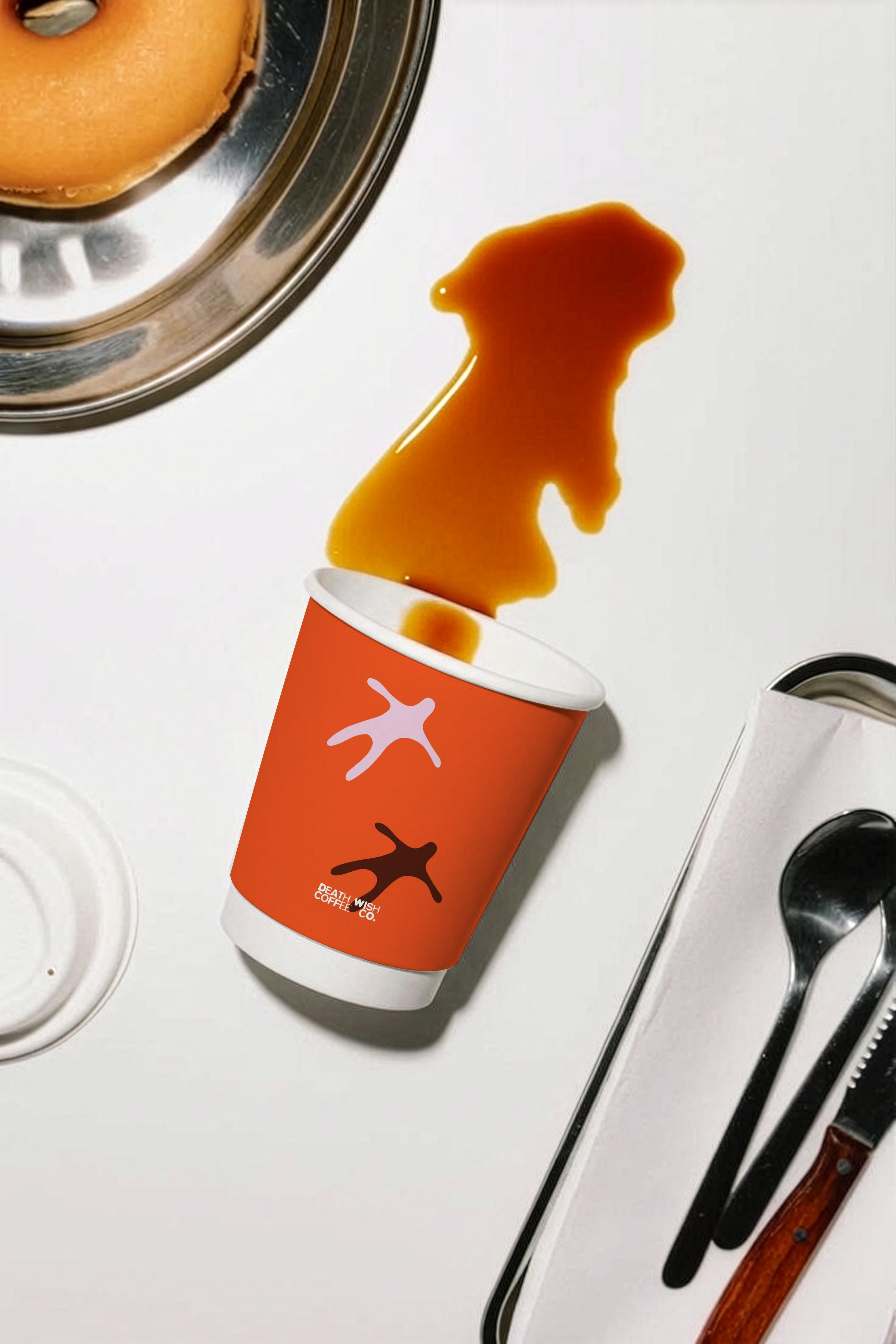 image generated by magnific AI  - Spilled coffee from tipped orange cup with Death Wish Coffee Co. logo beside a donut and cutlery on a tray.