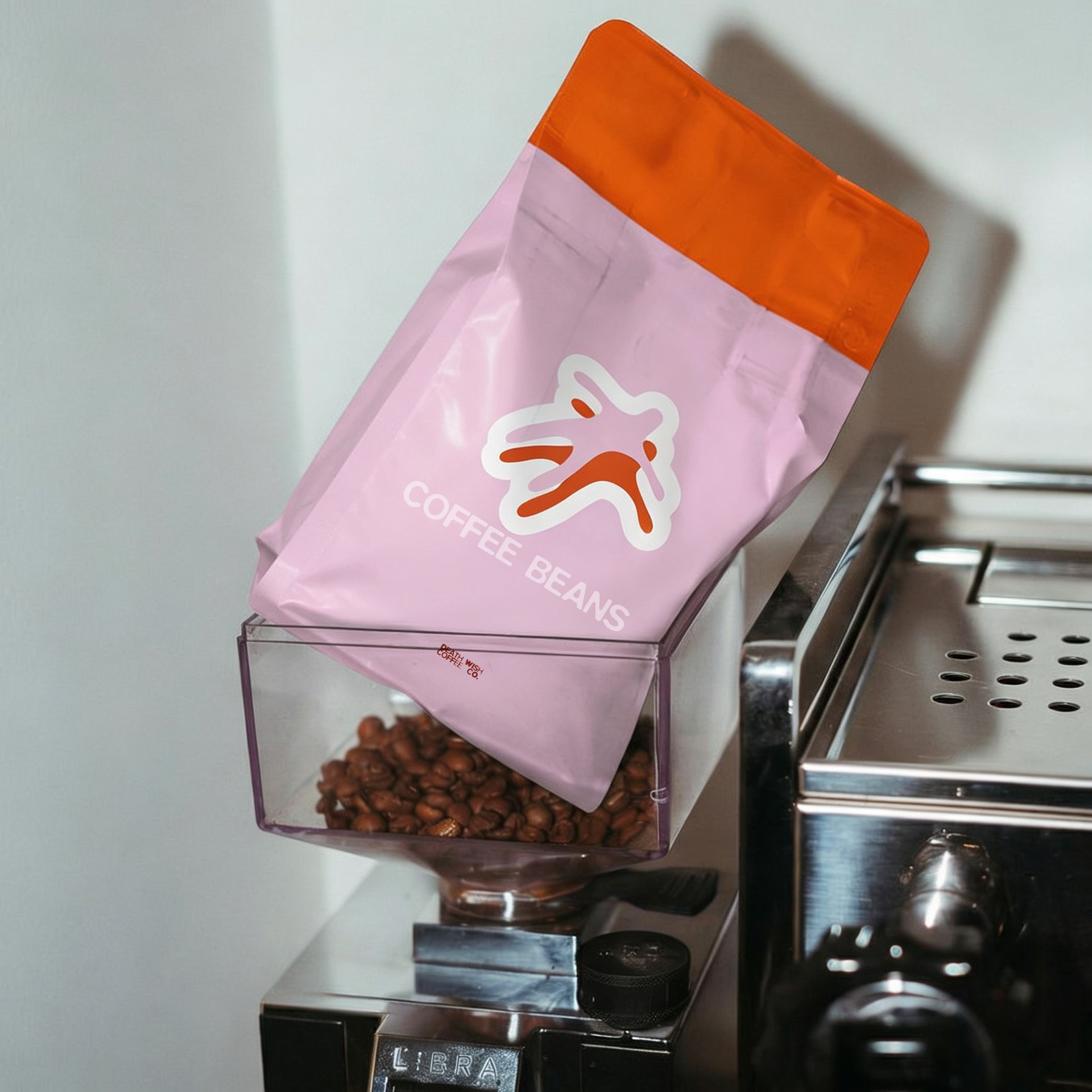 image generated by magnific AI  - Pink and orange coffee bean bag pouring beans into a metal coffee grinder labeled Libra.