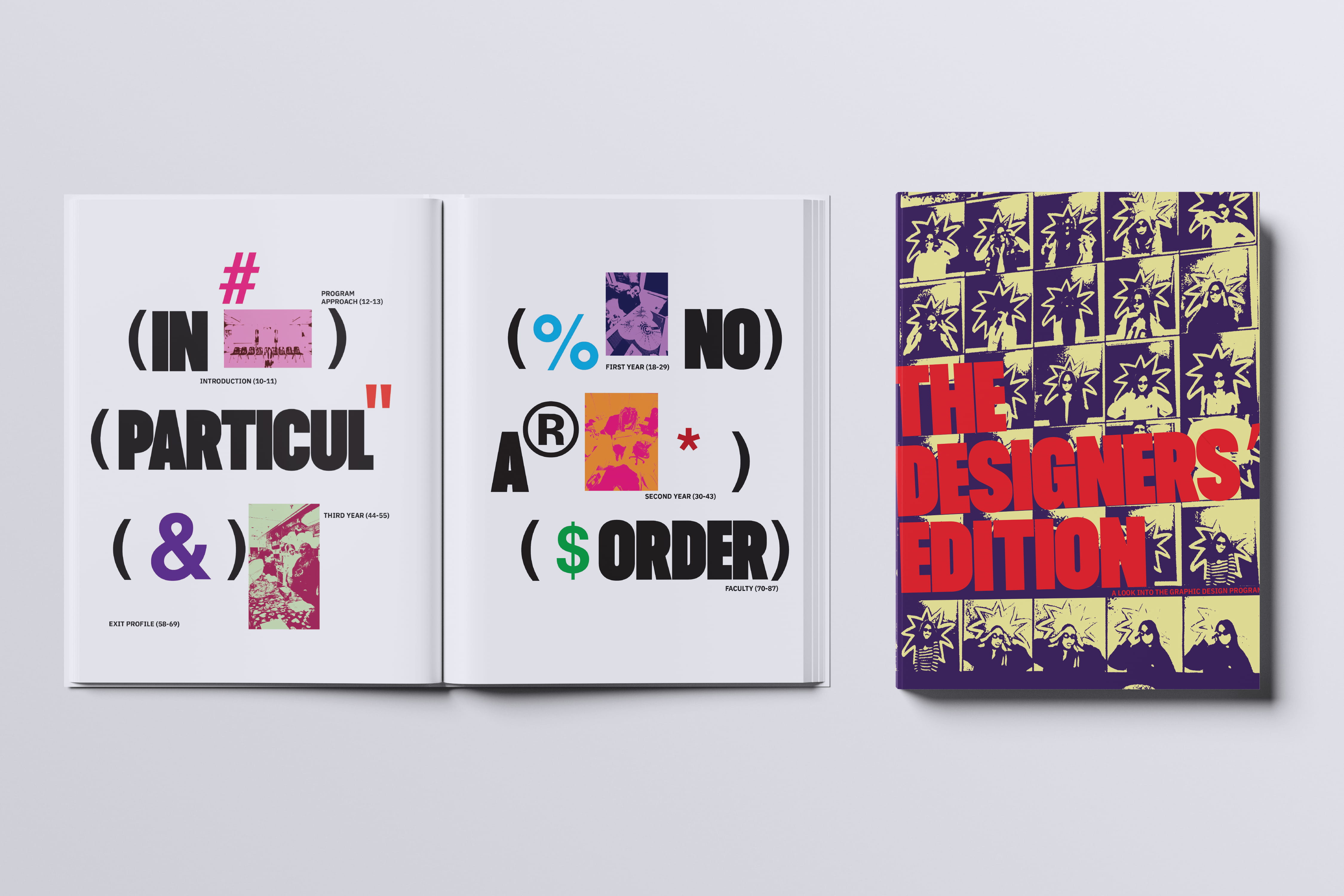mockup found on magnific -Open book with stylized text and symbols next to a cover titled The Designers' Edition in red on a patterned background.