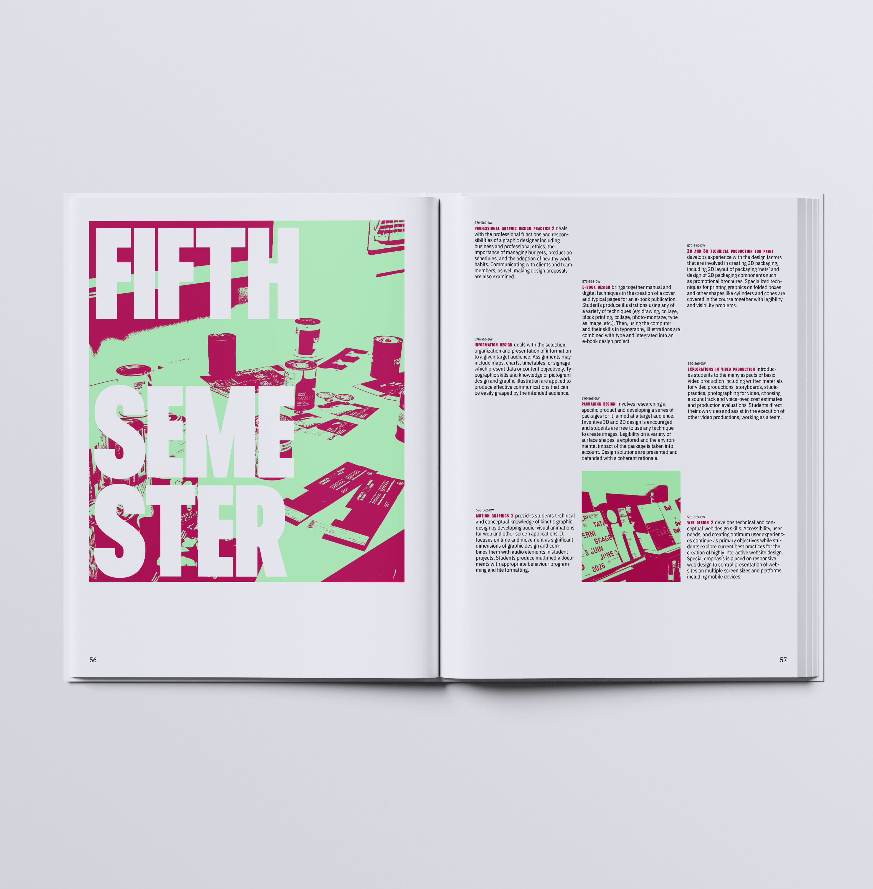 mockup found on magnific -Magazine spread titled 'Fifth Semester' with text and images of layout design and packaging concepts.