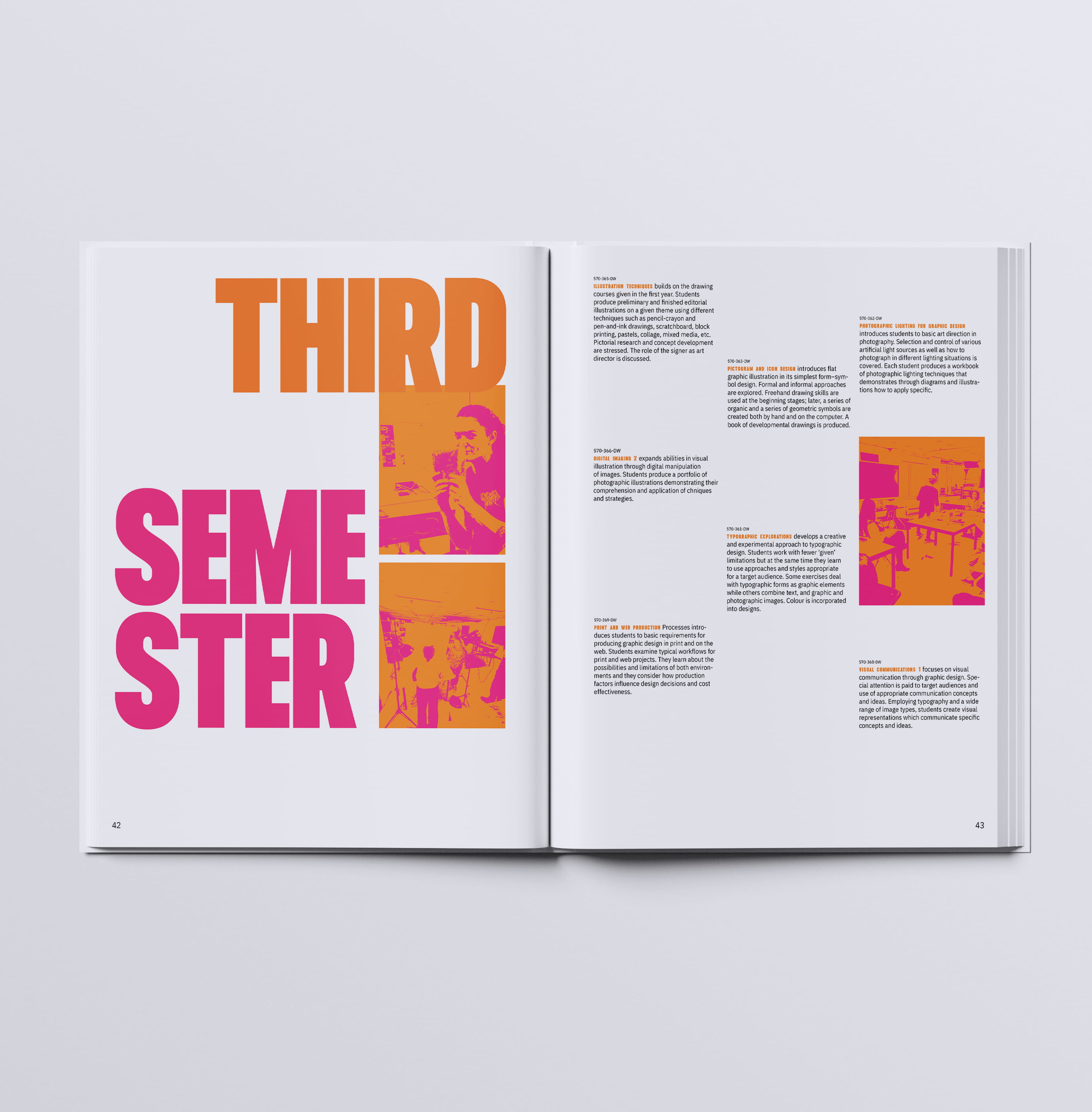 mockup found on magnific -Open magazine spread with bold text ’THIRD SEMESTER’ and stylized orange and pink images of people and classrooms.