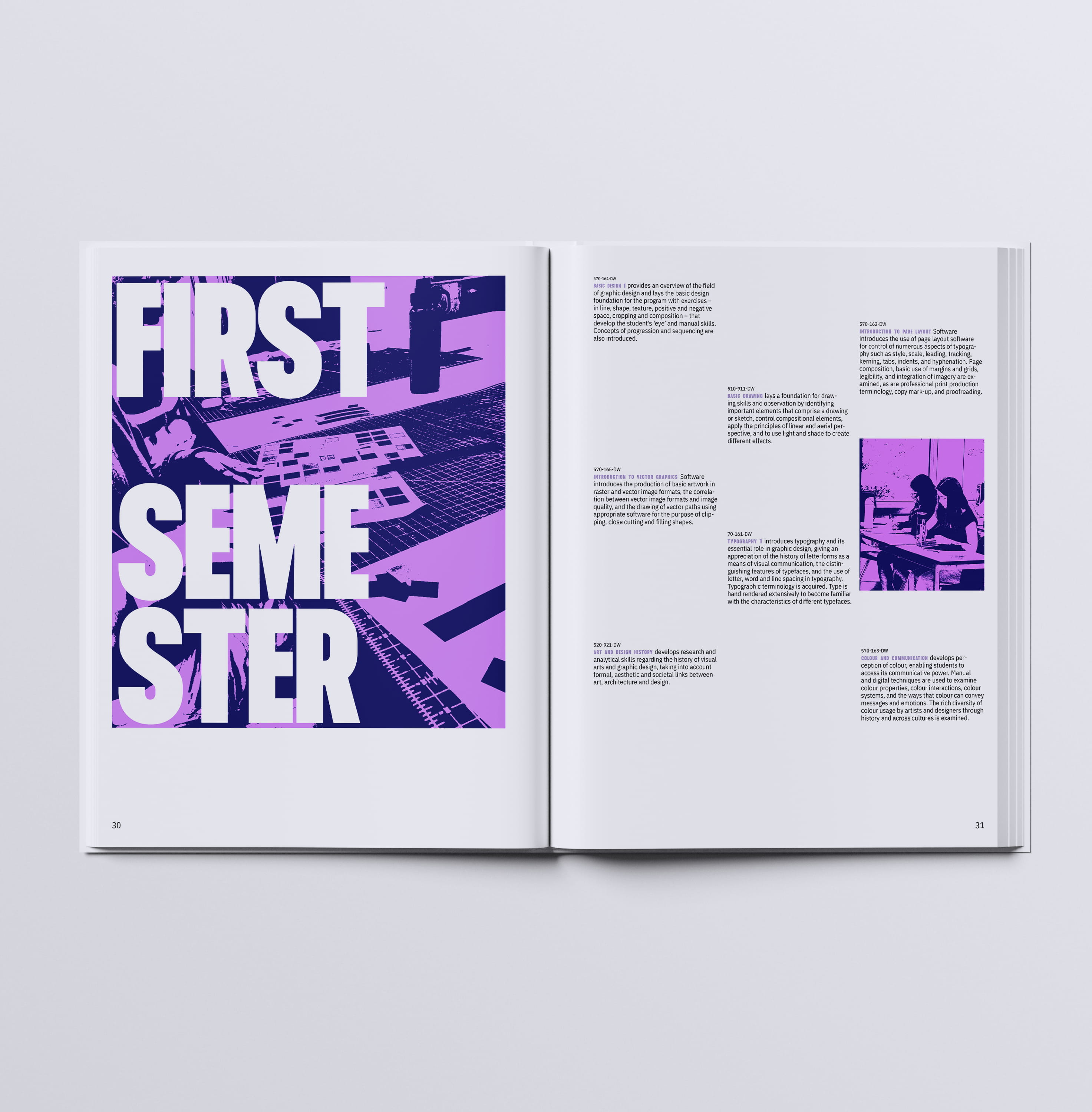 mockup found on magnific -Open book showing a page with large text 'FIRST SEMESTER' and another with text blocks and a photo of two women.