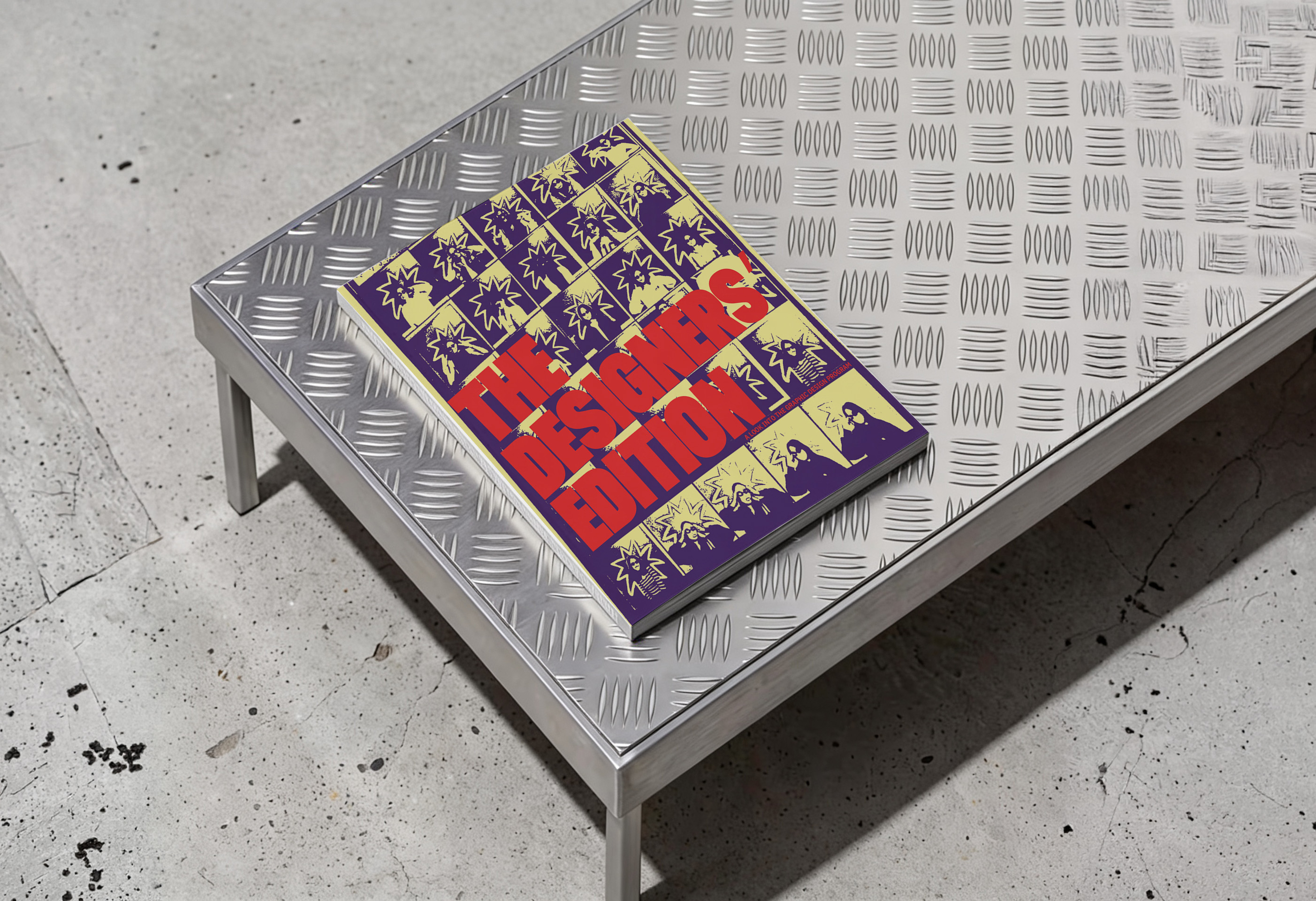 image generated by magnific -Book titled 'The Designers Edition' with stylized illustrations on a metal table with textured pattern.