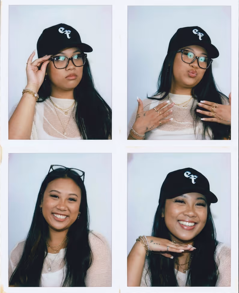 Four photo booth images of a woman with long hair wearing glasses and a black cap, showing different facial expressions.