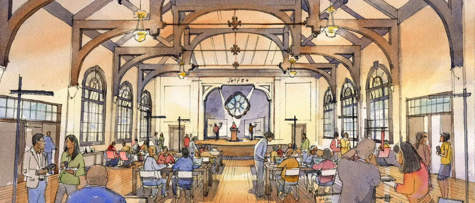Watercolor of a busy, spacious coworking space with high wooden arches and large arched windows.