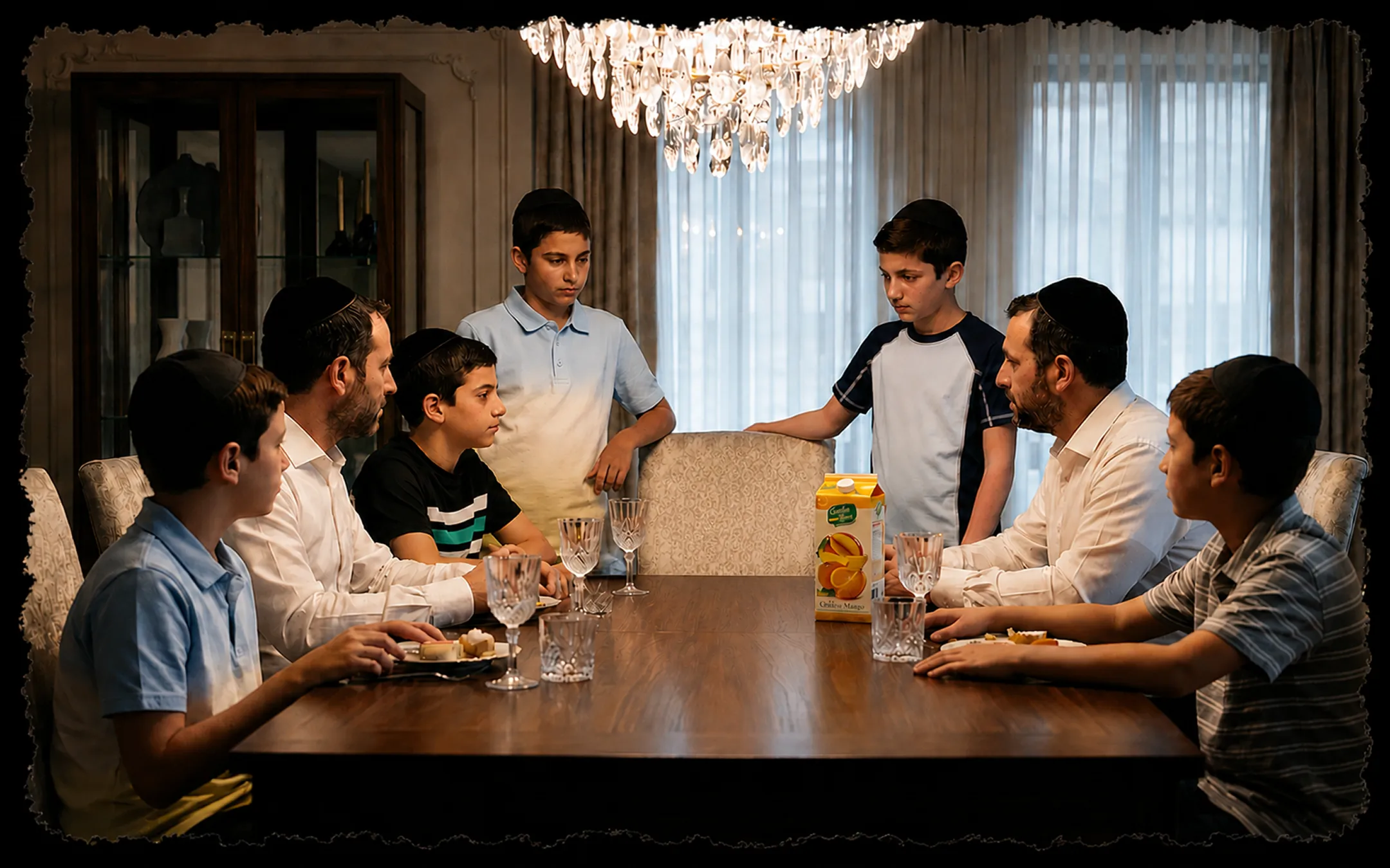 קבוצת בנים ושני גברים חובשי כיפות יושבים ועומדים סביב שולחן אוכל עם מיץ ואוכל.