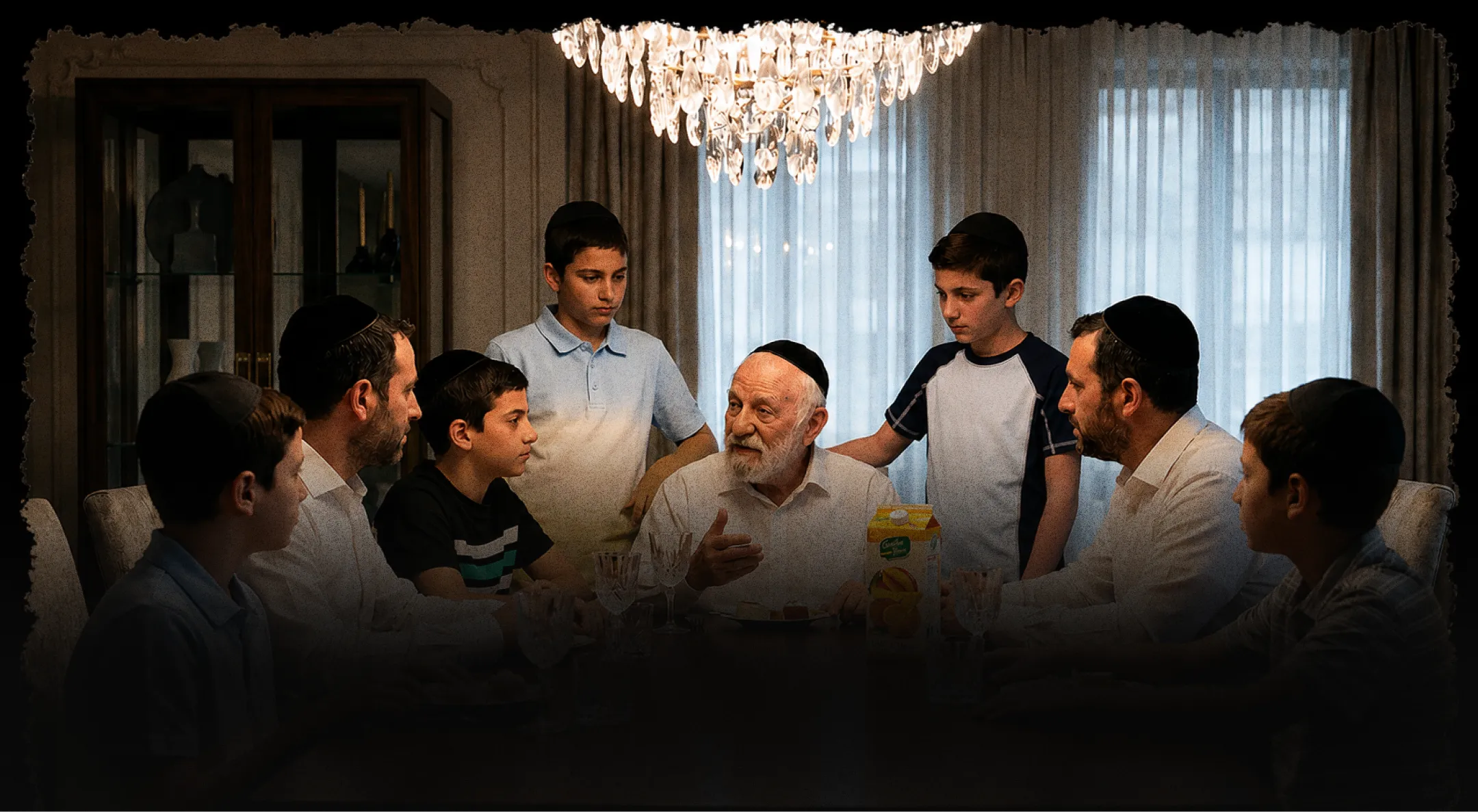 Older man speaking to a group of boys and men around a dining table under a chandelier.
