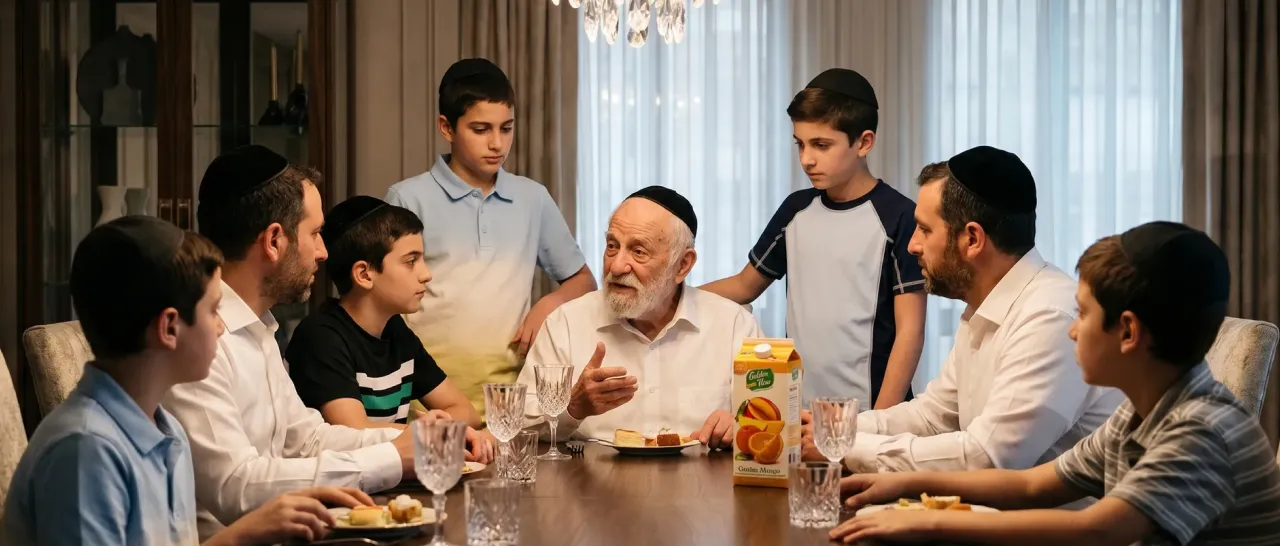 Elderly man telling a story at a dining table with attentive men and boys around him.