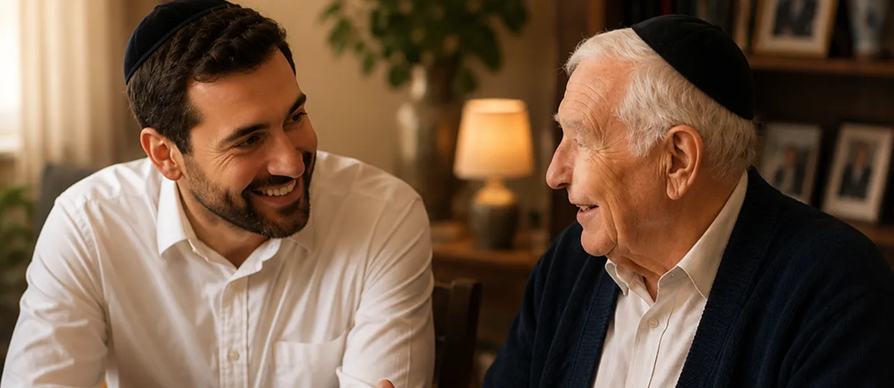 A young man in a kippah smiling warmly with an elderly relative during a family conversation.