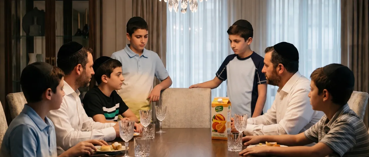 A family of seven males wearing yarmulkes sitting and standing around a dining table with a juice carton.