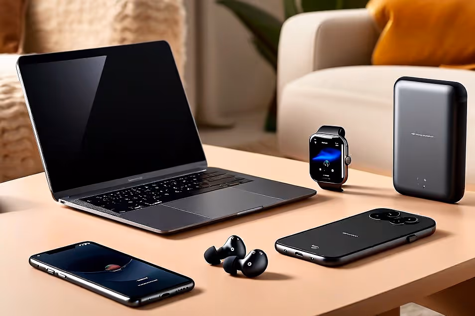 Black laptop, smartwatch, two smartphones, wireless earbuds, and a power bank on a wooden table.