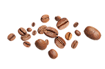 Scattered roasted coffee beans on a transparent background.