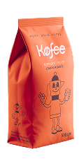 Orange Kofee brand coffee bag with a smiling robot cartoon holding a cup.