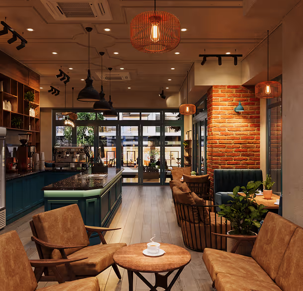 Cozy modern cafe interior with leather chairs, wooden tables, green plants, and warm lighting.