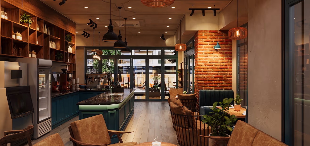 Cozy coffee shop interior with brown chairs, a green island counter, brick wall, and large glass doors.