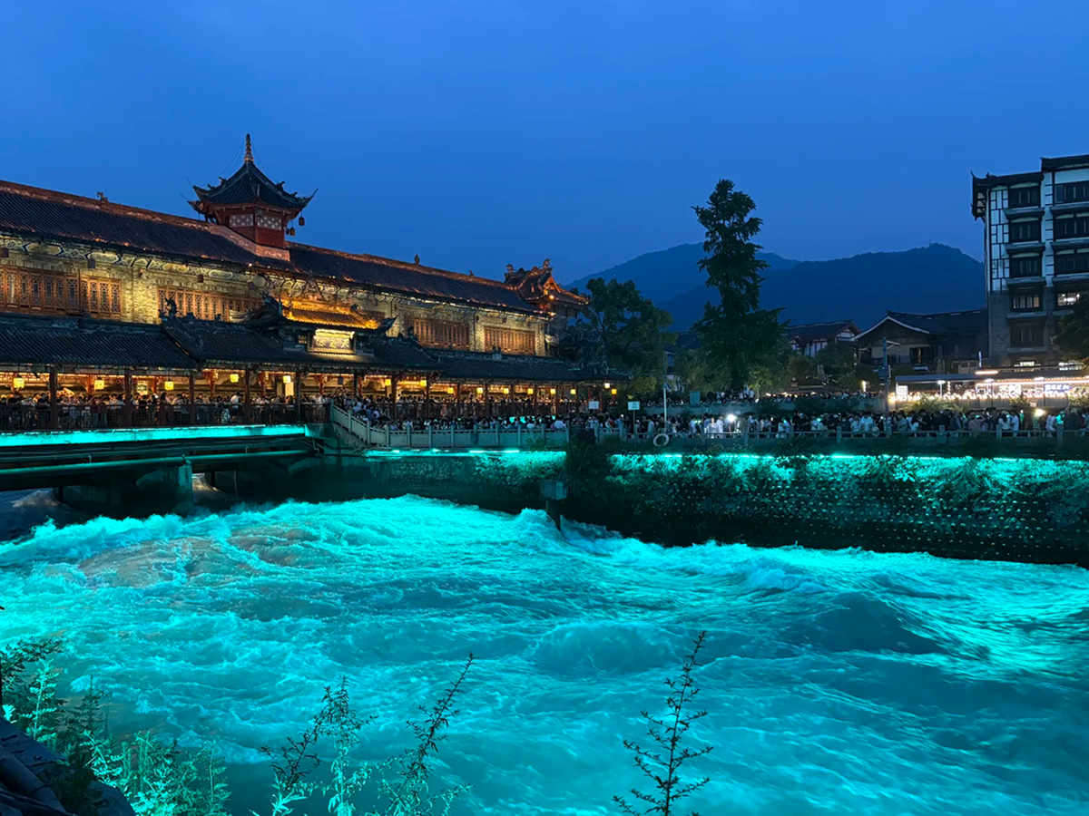 Dujiangyan irrigation site illuminated at night