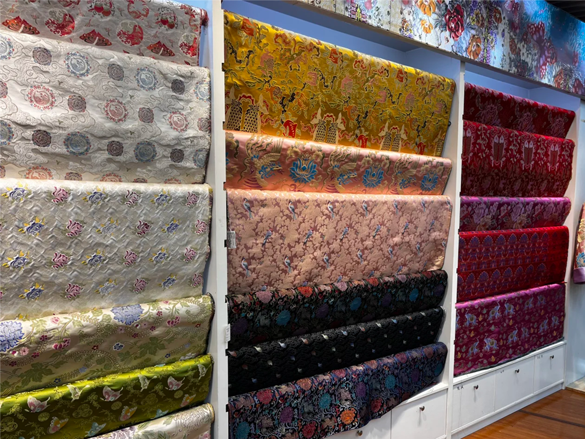 Different types of Chinese silk fabric on display