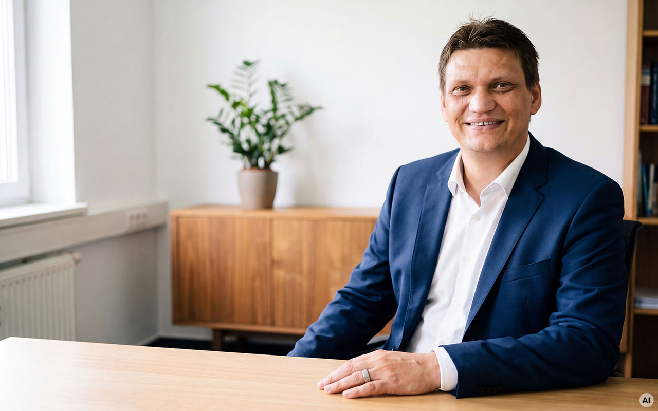 Martin Franz, Steuerberater in Wuppertal, sitzt lächelnd am Schreibtisch.