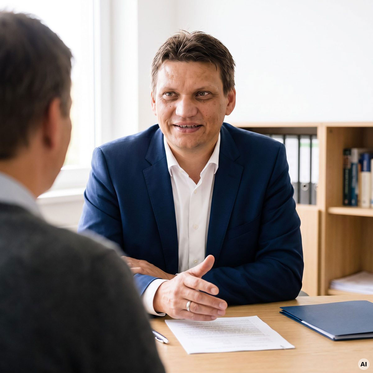 Martin Franz erläutert einem Gesprächspartner Unterlagen bei einer persönlichen Steuerberatung.