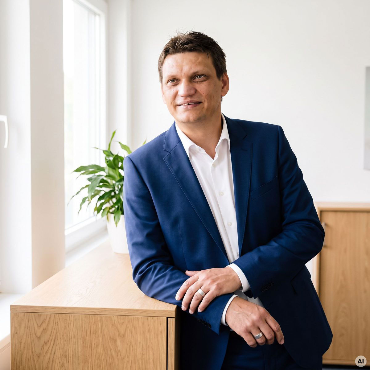 Steuerberater Martin Franz aus Wuppertal steht an einem Sideboard und hört aufmerksam zu.