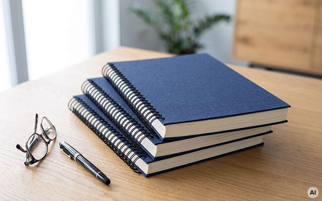 Gebundene Unterlagen, Brille und Stift als Symbol für die Vorbereitung des Jahresabschlusses.