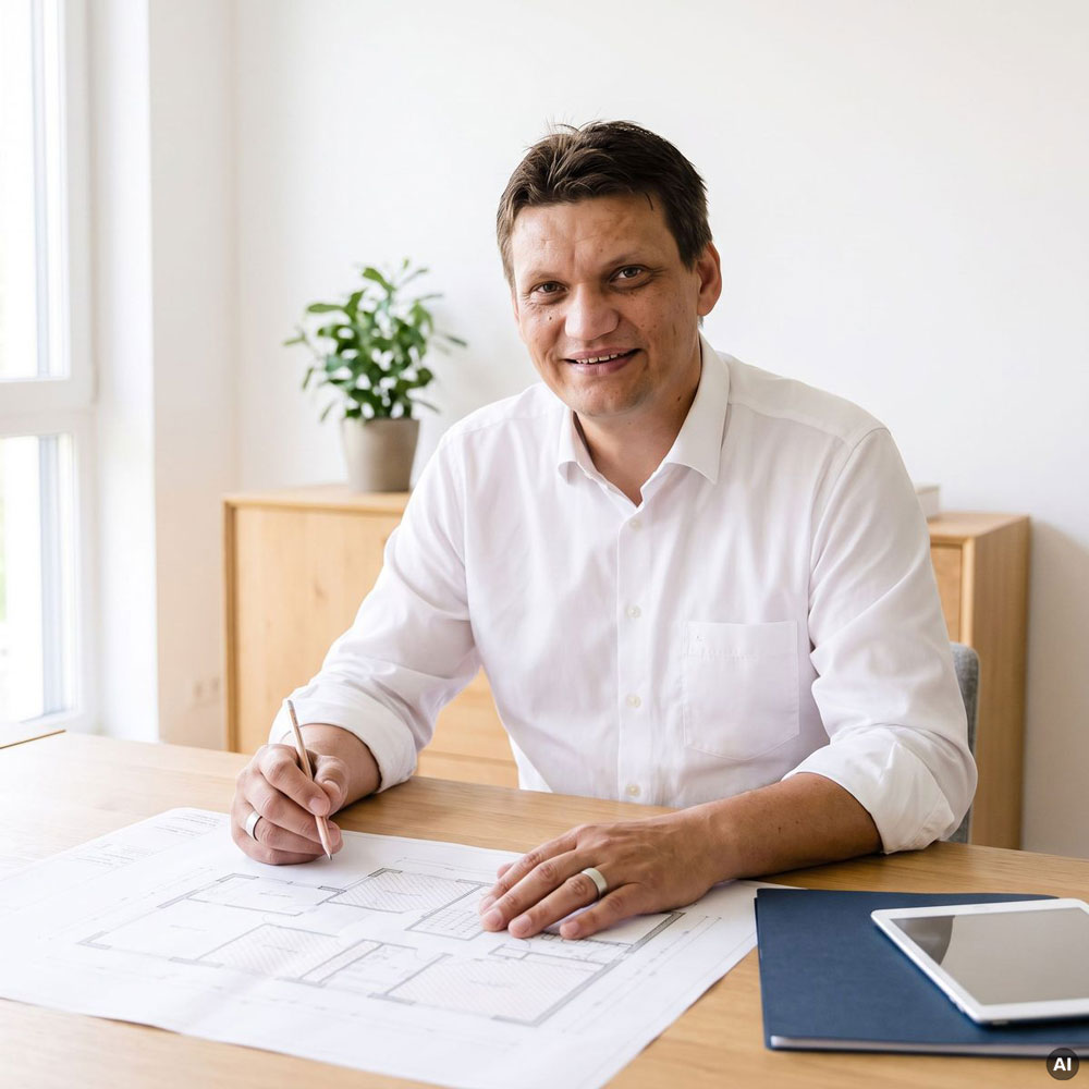 Steuerberater Martin Franz prüft einen Immobiliengrundriss am Schreibtisch.