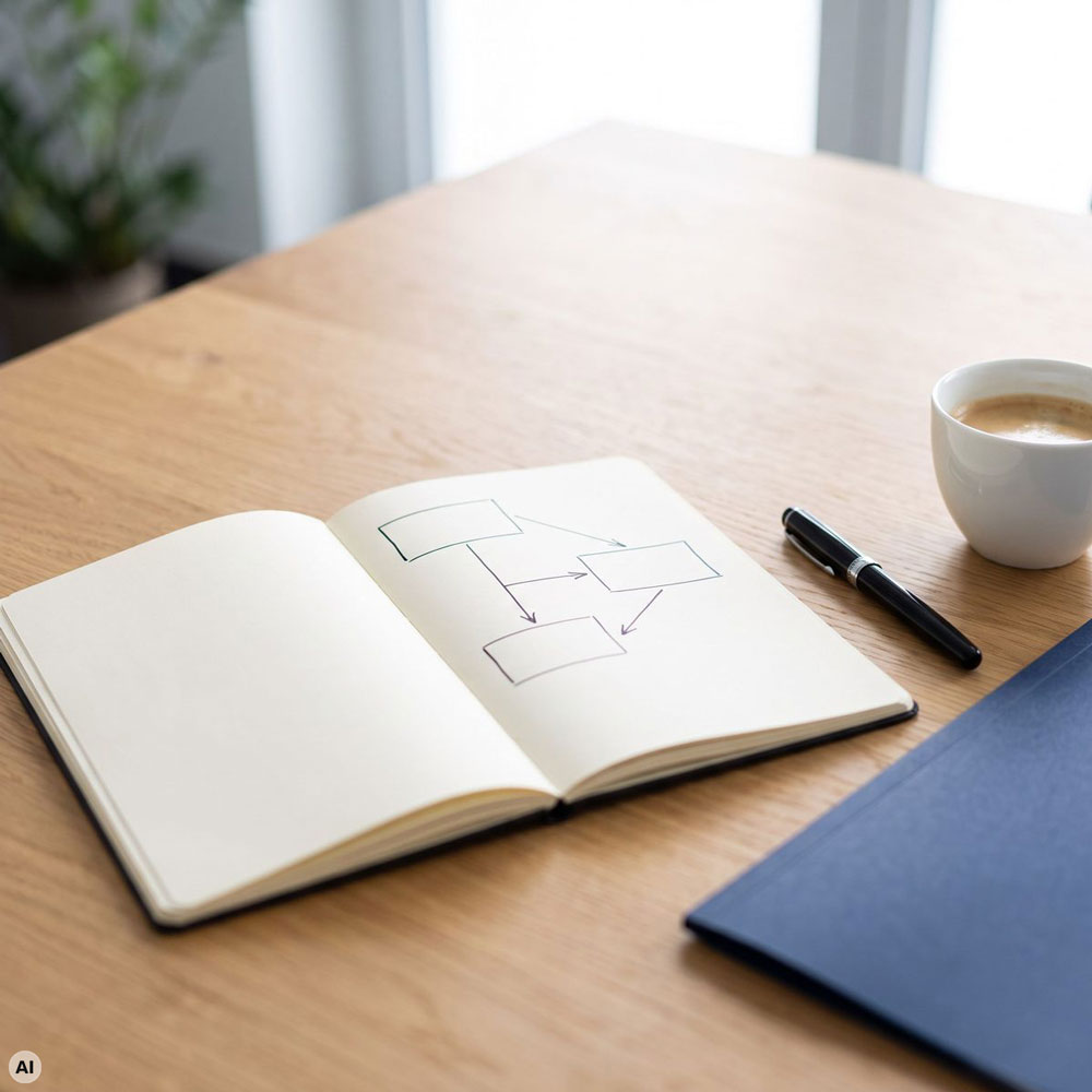 Notizbuch mit einer Skizze verbundener Strukturen zur Planung eines Immobilienvorhabens.